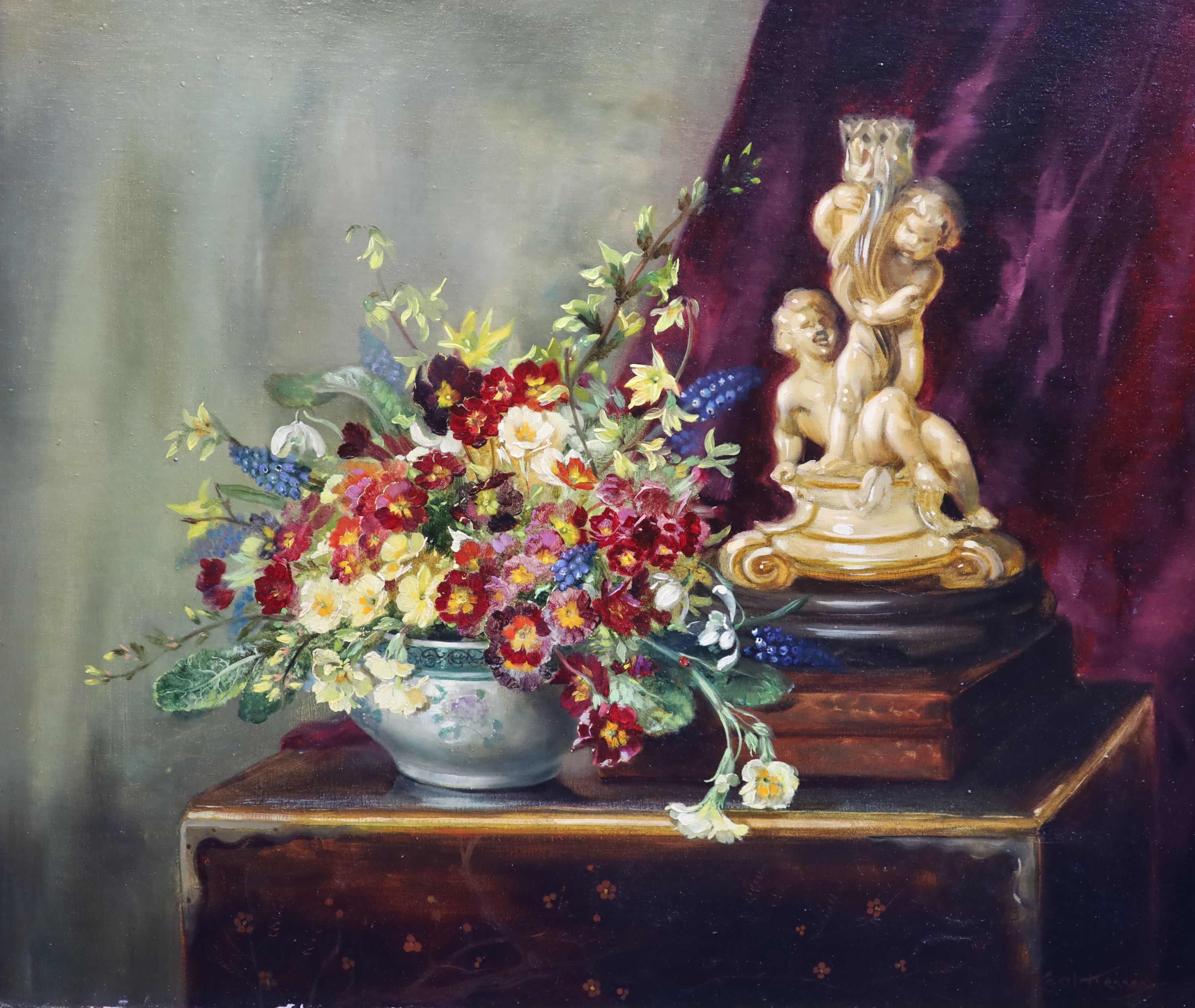 Cecil Kennedy (1905-1997), Still Life of flowers in a bowl and a porcelain candlestick, Oil on canvas, 51 x 61 cm. unframed